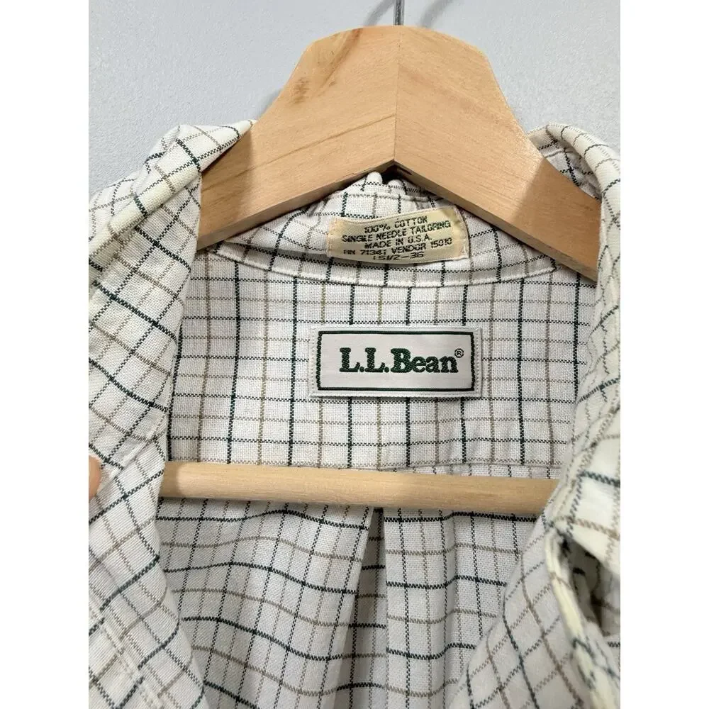 L.L.Bean White/Green Check Cotton Woven Long Sleeve Button-Up Shirt 15 1/2-36